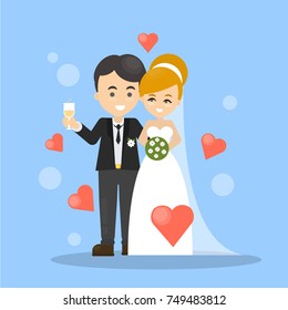 Isolated wedding couple have fun and drink champagne.