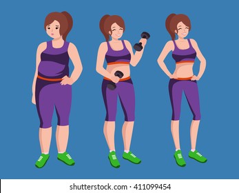 isolated weight loss white woman, fat female slim fitness in gym, healthy concept vector illustration, young girl overweight, people doing exercise with dumbbells and have sport lifestyle