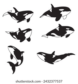 Isolated whale and killer whale on the white background. whale silhouettes. 