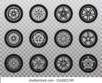 Isolated wheel, tyre and tire collection of icons. Collection of round shaped rubber automobile or car, speed vehicle. Great for garage and machine shop, automotive and brake theme