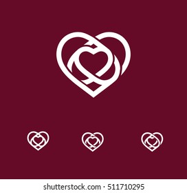 Isolated white abstract monoline heart logo set. Love logotypes collection. St. Valentines day icon. Wedding symbol. Amour sign. Cardiology emblem. Vector illustration