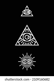 Isolated white all-seeing eye logotypes design on black background