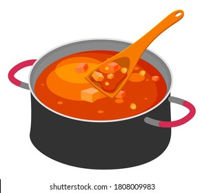 Isolated at white background big steel pan with borsch or red beet soup, wooden spoon or scoop. Delicious dish with vegetables. Traditional ukrainian cuisine. Healthy food, homemade. Web icon