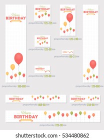 Isolated White Background Happy Birthday Website Banner and Different Sizes Greeting Card Set