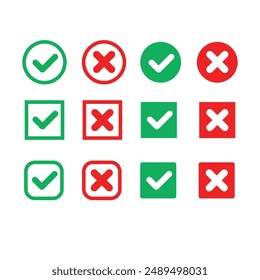 Isolated white background vector symbol for right and wrong choices. Modern flat design, Checkmark icon set. Checkmark right symbol tick sign