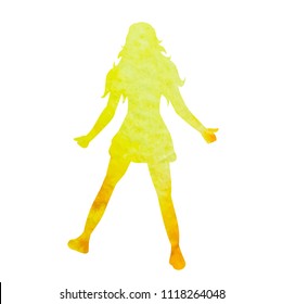 isolated, white background, watercolor silhouette girl dancing, yellow