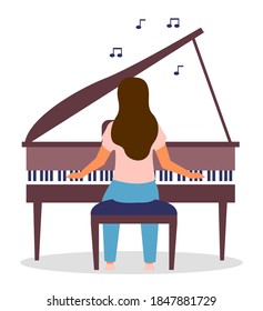 Isolated at white background, woman playing piano. Vector cartoon character playing music, notes icons. Home activity during quarantine isolation. Female's hobby. Girl playing musical instrument