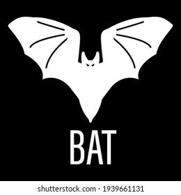 Isolated white bat icon with text on a black background. Design element for poster, banner, clothes. Simple flat style. Vector illustration.