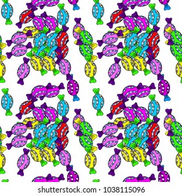 Isolated. White, black and blue version. Cute and colorful candy sweet seamless pattern on white, black and blue background. Vector illustration.