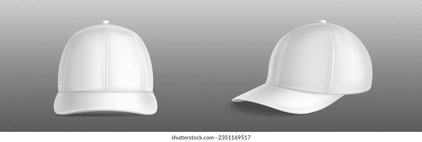 Isolated white blank baseball cap vector mockup template. Sport hat uniform front and side design mock up with visor. 3d realistic head wear fashion with ball empty apparel for advertisement identity