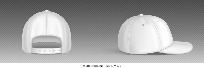 Isolated white blank baseball cap vector mockup template. Sport hat uniform back and side design mock up with visor. 3d realistic head wear fashion with ball empty apparel for advertisement identity