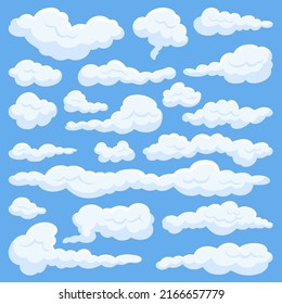 Isolated white cartoon cloud. Aerial clouds in blue sky, game or animation elements. Fluffy comic shapes, smoke or cloudy neoteric vector set
