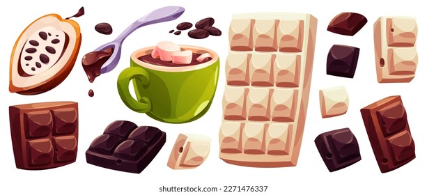 Isolated white chocolate bar and cacao pod cartoon vector set. Cup illustration with hot melt drink and marshmallow. Liquid brown milk sweet dessert in spoon. Dark organic chocoloate block and bean.