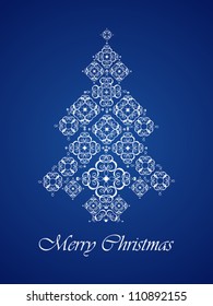 Isolated White Christmas Tree of SnowFlakes on Blue Background, Vector Illustration