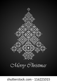 Isolated White Christmas Tree of SnowFlakes on Black Background, Vector Illustration