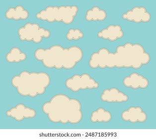 Isolated white clouds on blue sky. Cartoon flat vector clouds. Clouds set. Clouds collection. 
