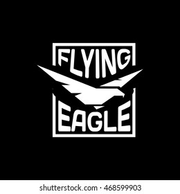 Isolated white color flying eagle silhouette vector logo. Spreading wings bird logotype on the black background. Wild animal contour icon. American national symbol. Flight illustration.