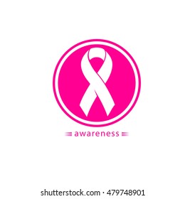 Isolated white color ribbon in a circle logo. Against cancer round shape logotype. Stop disease symbol. International worldwide breast cancer week. Medical sign. Vector illustration