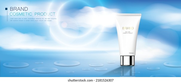 isolated white cosmetic tube on the glittering floor, and beautiful sky behind it.vector illustration cosmetic ad design template,use for advertisement and banner and poster.