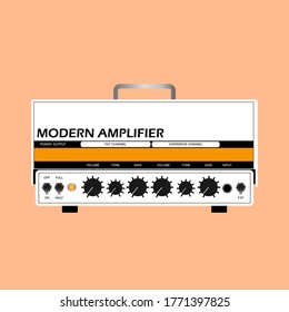 Isolated white electric guitar amplifier, cabinet equipment for musician flat logo or icon style, print for tee-shirt and graphic design, Musical instrument sales business. vector and illustration.