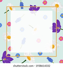 Isolated white frame with text space in spring flowers and blue background. Vector illustration.