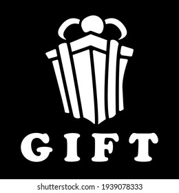 Isolated white gift box icon with text on black background. Design element for poster, banner, clothes. Simple flat style. Vector illustration.