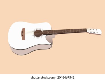 Isolated white guitar illustration. Musical instrument acoustic guitar. Classical wooden String instrument. Rock, jazz equipment Colored isolated drawing. 