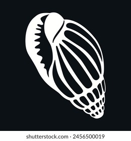 Isolated white hand drawn shell on black background, outline. Element for logo, badge, emblem. Vector illustration EPS10