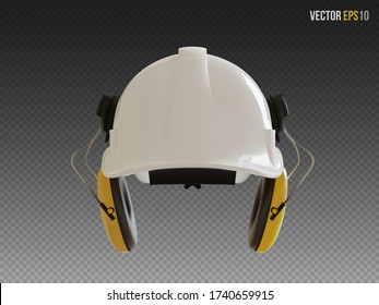 Isolated white hard hat with ear defenders. Realistic 3D Vector Illustration