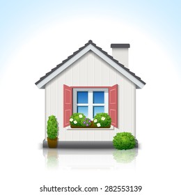 isolated white house with  window, chimney and plants