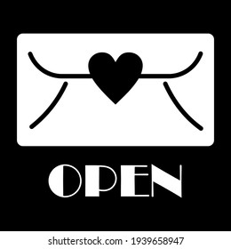 Isolated white icon envelope heart with text on black background. Design element for poster, banner, clothes. Simple flat style. Vector illustration.