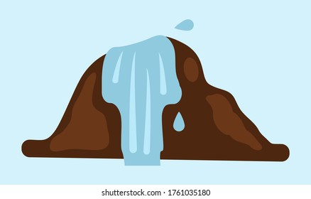 Isolated at white icon of waterfall, cartoon illustration of rock and falling water, tropical waterfall. Simple icon of water falling down from mountain. Natural scene, element or symbol, river