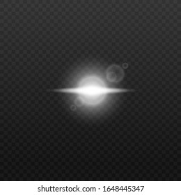 Isolated white light flare with single horizontal beam and round lens flares on dark transparent background - bright flash effect vector illustration.