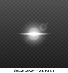 Isolated white light source with bright lens flare effect and single long beam isolated on dark transparent background - sunshine ray vector illustration