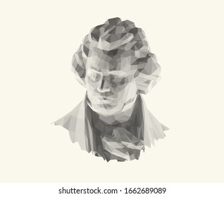 Isolated White Ludwig van Beethoven on Light Background. Low Poly Vector 3D Rendering