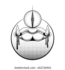 isolated white monster with big teeth and one eye, have a blood, vector illustration