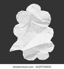 Isolated white paper speech bubble on dark background. Crumpled texture jagged outline gritty dotted layer and halftone effect.