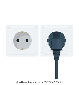 Isolated white plastic electrical power socket and plug connector device for home energy supply technology equipment on an interior wall object background