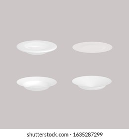 Isolated white porcelain plates vector mockup in a realistic style  dining set of round dishes in different angles convenient templates for your food demonstration