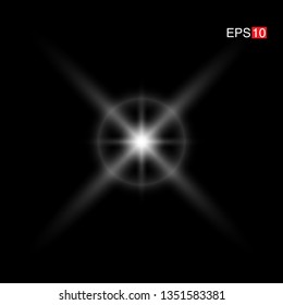 isolated white Rays with lens flare, Sun flare, flare on the black background. Transparent Vector Illustration