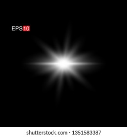 isolated white Rays with lens flare, Sun flare, flare on the black background. Transparent Vector Illustration