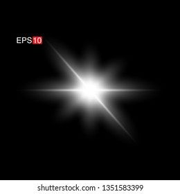 isolated white Rays with lens flare, Sun flare, flare on the black background. Transparent Vector Illustration