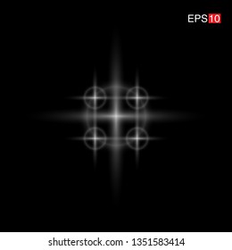 isolated white Rays with lens flare, Sun flare, flare on the black background. Transparent Vector Illustration