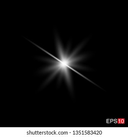 isolated white Rays with lens flare, Sun flare, flare on the black background. Transparent Vector Illustration