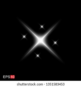 isolated white Rays with lens flare, Sun flare, flare on the black background. Transparent Vector Illustration