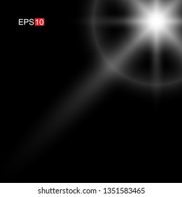 isolated white Rays with lens flare, Sun flare, flare on the black background. Transparent Vector Illustration