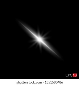 isolated white Rays with lens flare, Sun flare, flare on the black background. Transparent Vector Illustration