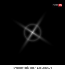 isolated white Rays with lens flare, Sun flare, flare on the black background. Transparent Vector Illustration
