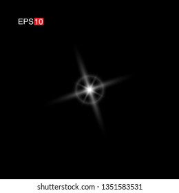 isolated white Rays with lens flare, Sun flare, flare on the black background. Transparent Vector Illustration