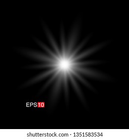 isolated white Rays with lens flare, Sun flare, flare on the black background. Transparent Vector Illustration